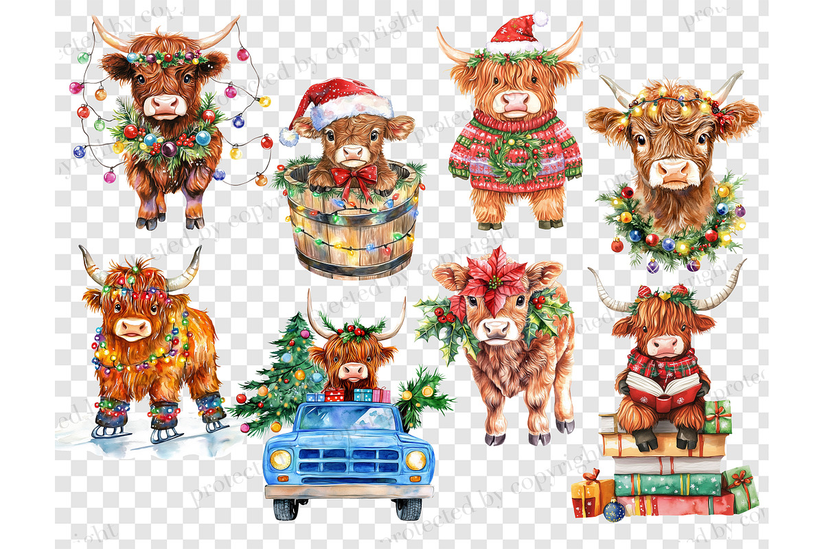 Christmas Highland Cows Clipart, a Seasonal Illustration by GlamArtZhanna (Photo 5 of 6)