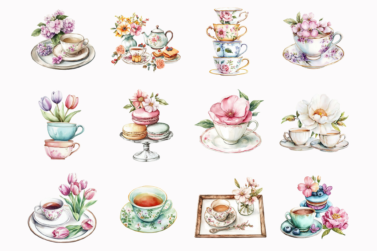 Watercolor Vintage Tulip Tea Time Cl, an Illustration by Design Market (Photo 2 of 4)