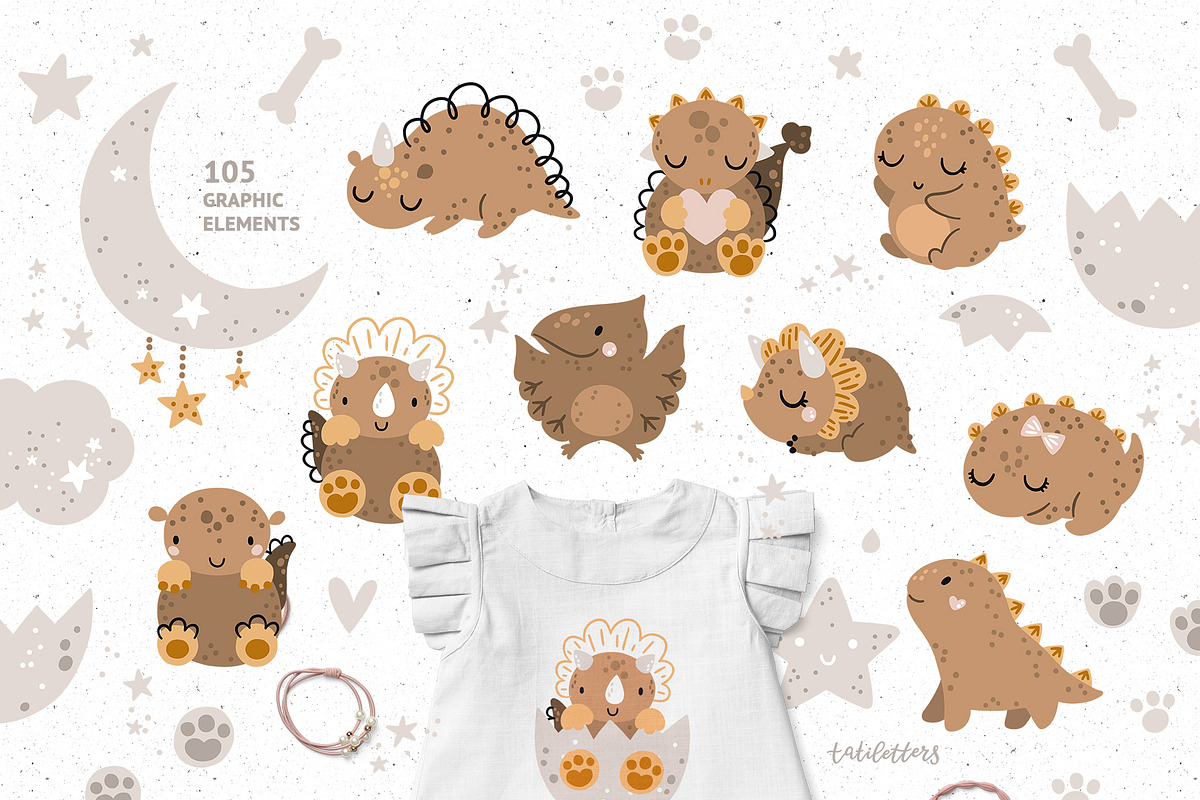 Baby dinosaur clipart & patterns, an Animal Illustration by tatiletters (Photo 2 of 10)