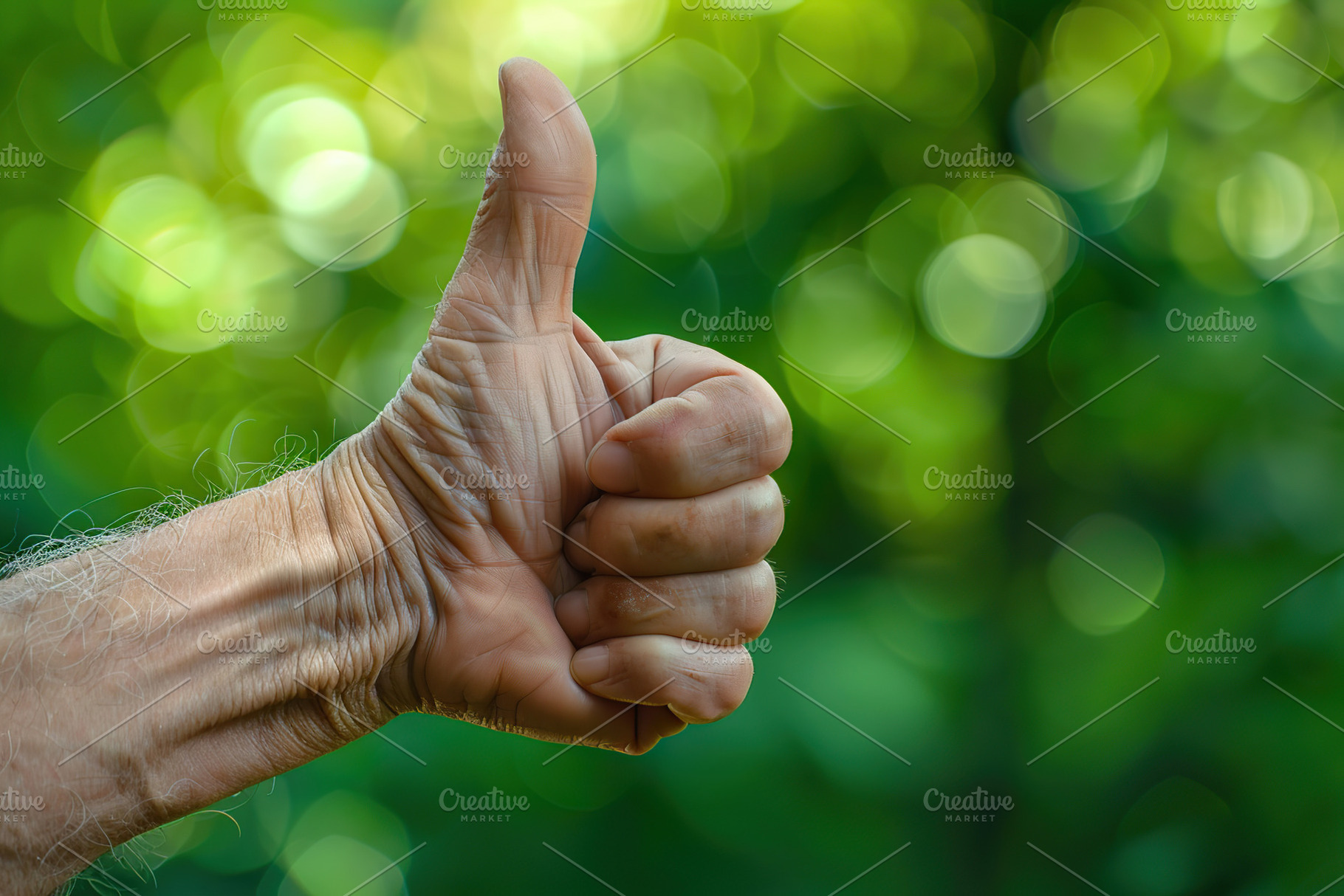 Mature male hand shows thumb up sign gesture, a Photo by AlyaAnd