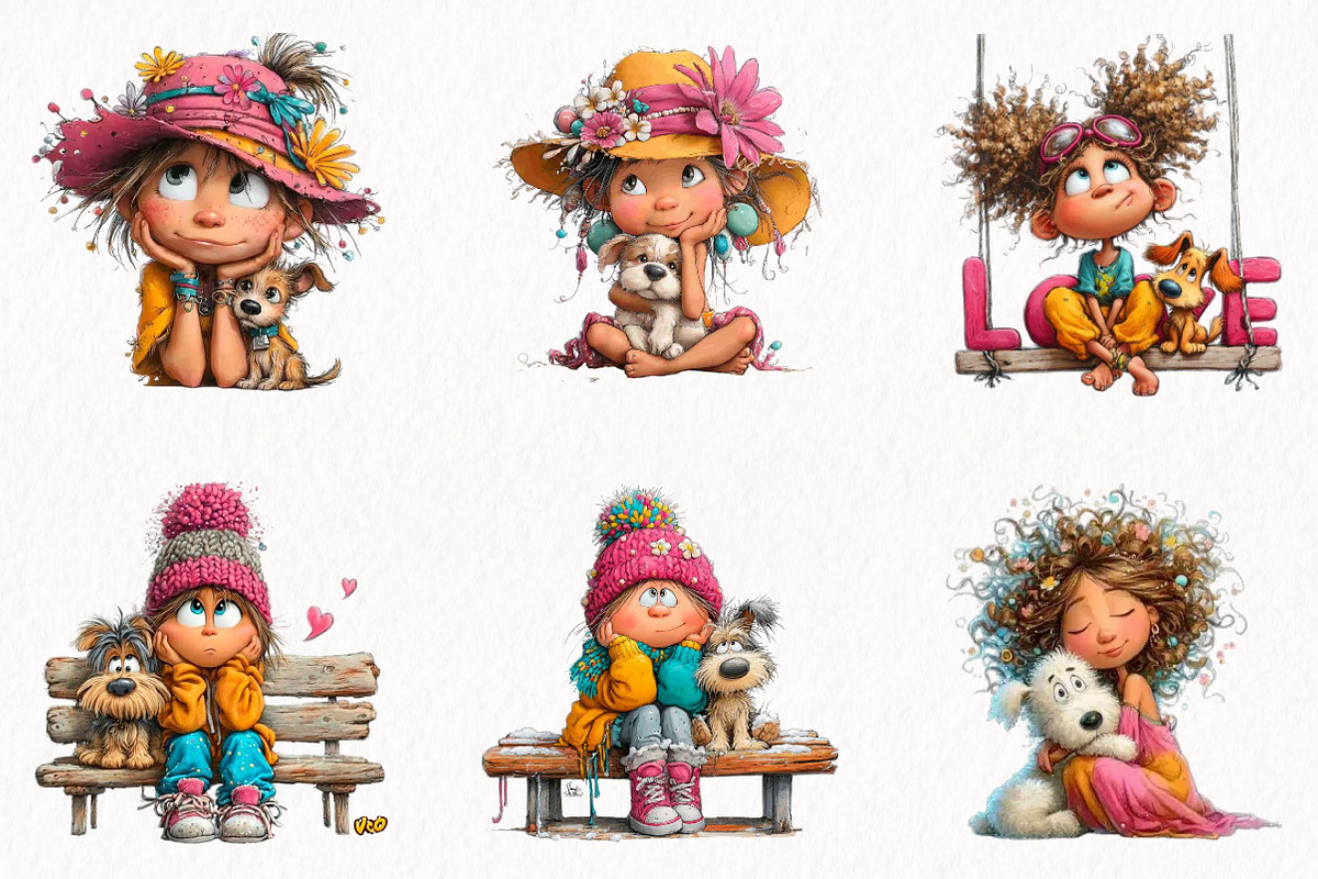 Whimsical Girl & Dog Love Clipart, a Person Illustration by fashionaddict (Photo 3 of 7)