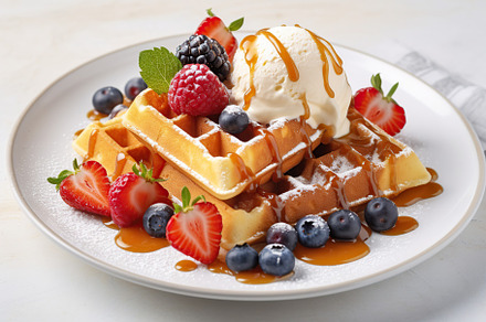 Illustrative of waffles, berries and ice cream on wooden table. Generative AI, a Food & Drink Photo by AlyaAnd
