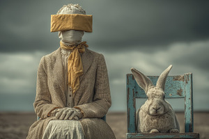 Surreal scene of a blindfolded businessperson and a rabbit seated in a desolate, a Photo by AS photostudio