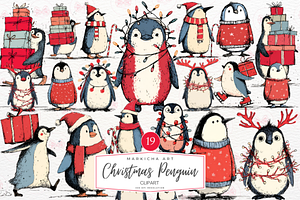 Christmas Penguin Clipart, an Illustration by Markicha Art