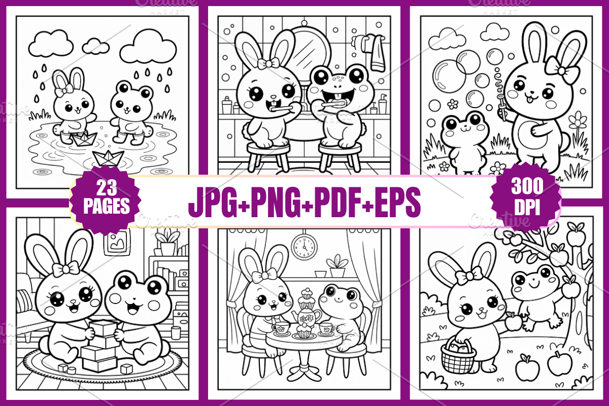 Bunny and Frog Friends Coloring Page, an Animal Illustration by Coco Bloom (Photo 2 of 3)