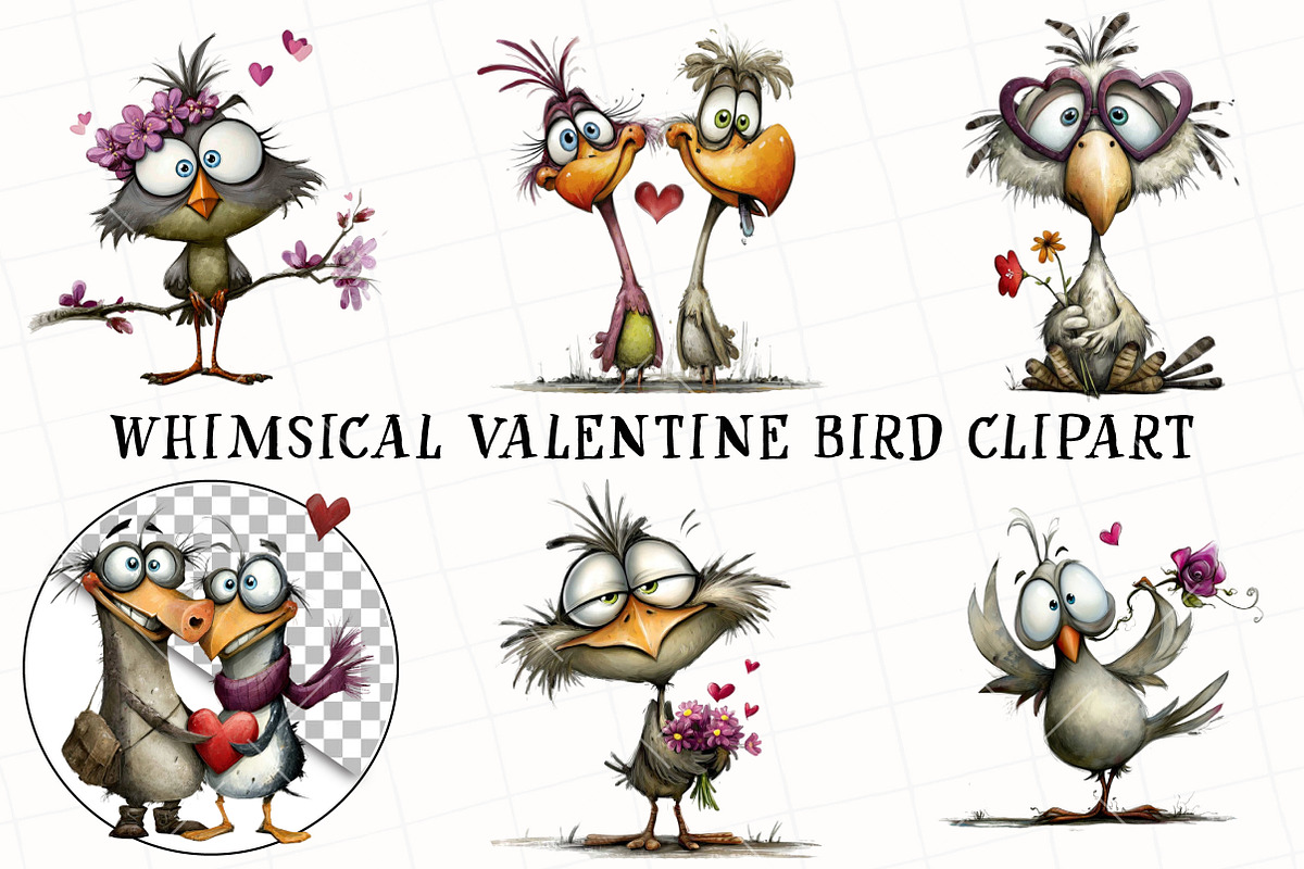 Whimsical Valentine Bird Clipart, an Illustration by OK Design (Photo 2 of 6)