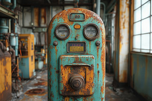 Rusty vintage gas pump stands in an, a Photo by Tanuart