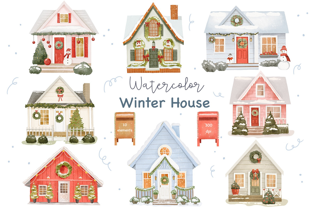 Watercolor winter Christmas house, a Seasonal Illustration by ArtGiftsStudio (Photo 1 of 4)