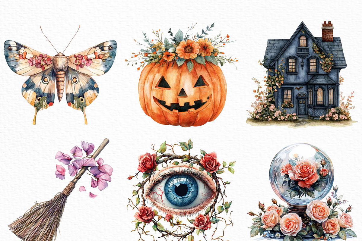 Watercolor Floral Halloween Clipart, an Illustration by Craft Nest (Photo 3 of 6)