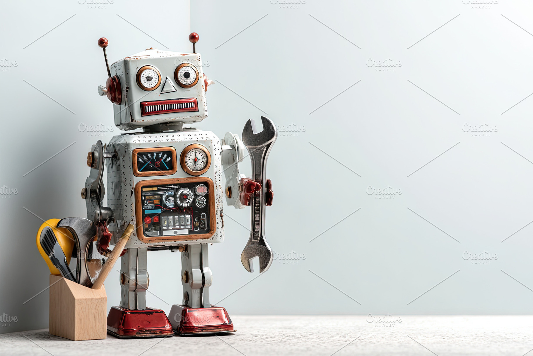 Vintage tin robot holding a wrench, standing beside a wooden too, an Abstract Photo by Ales Munt