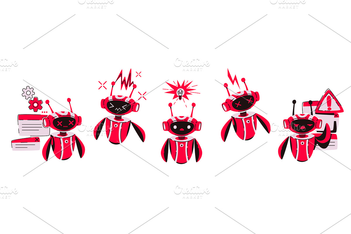 Cute red robot character set with, a Technology Illustration by art PVP - market
