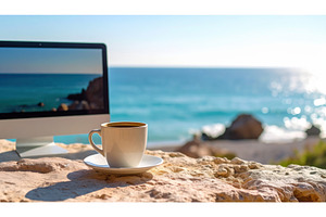 Coffee cup and computer on a rock, a Technology Photo by Igor Tichonow