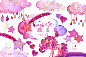 Pink & Gold Rainbow Unicorn Clipart