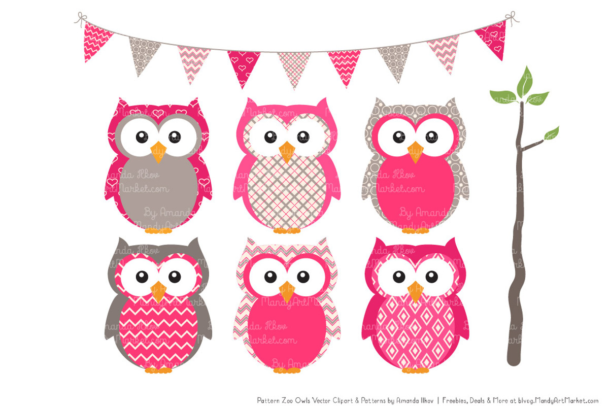 Owls Clipart & Patterns in Hot Pink, an Animal Illustration by Amanda Ilkov (Photo 2 of 4)