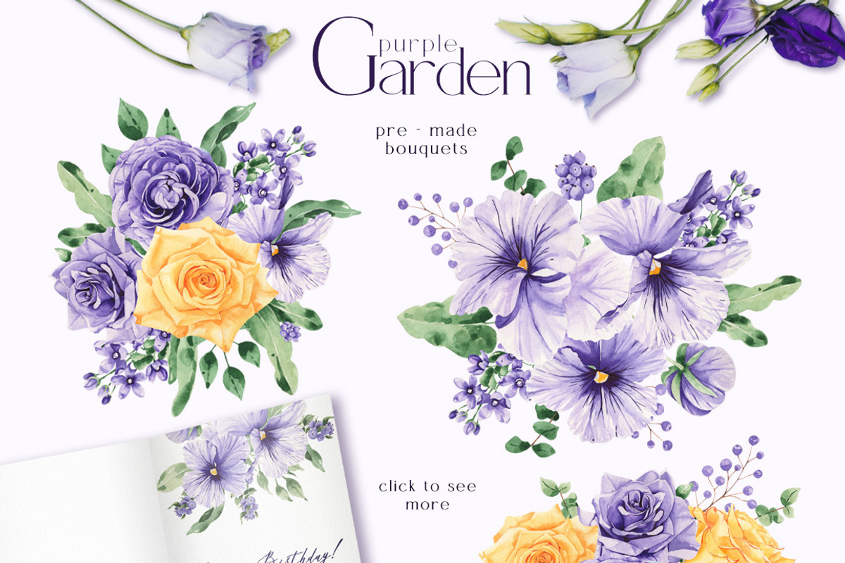 Watercolor Flowers Set Purple Garden, a Decorative Illustration by ViktoriyaD (Photo 7 of 14)