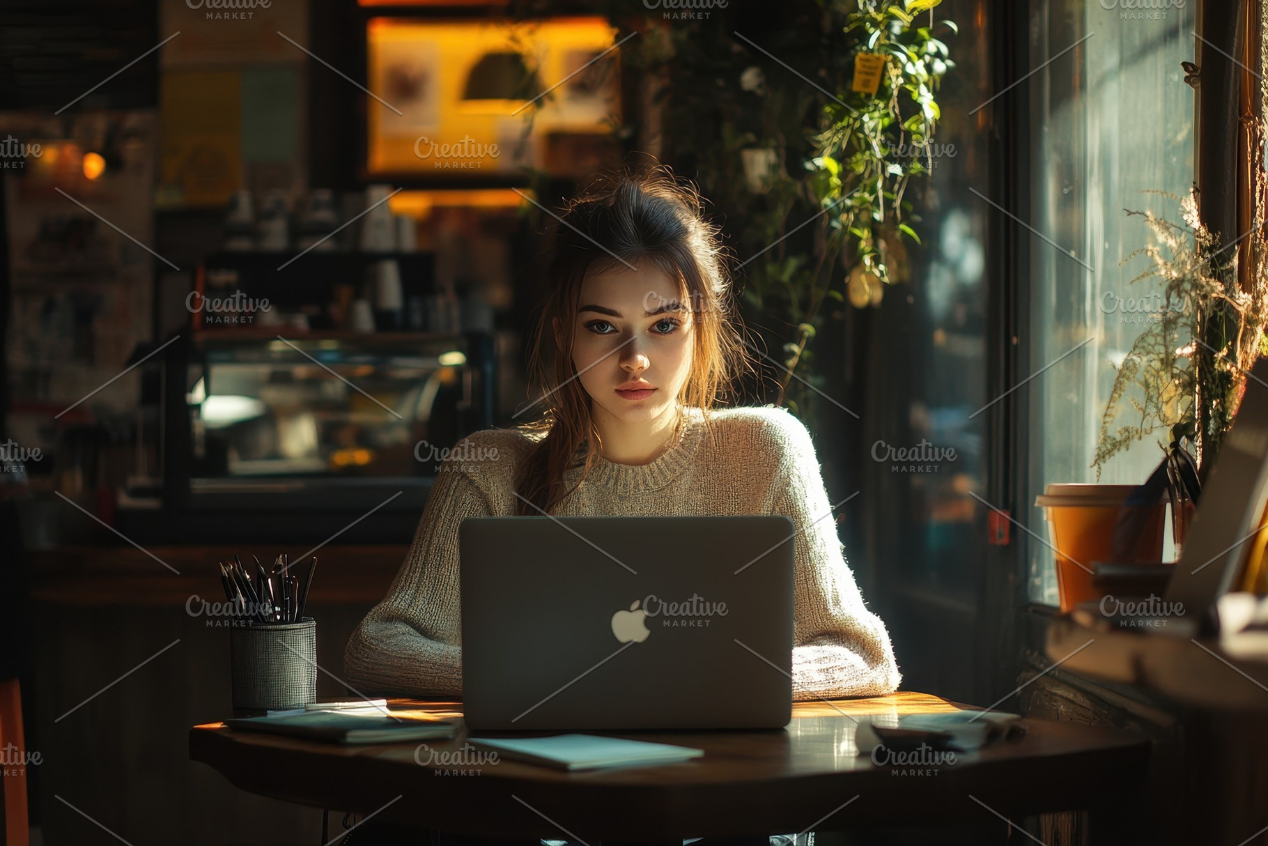 Freelancer girl working with laptop, a Photo by Pavel_design