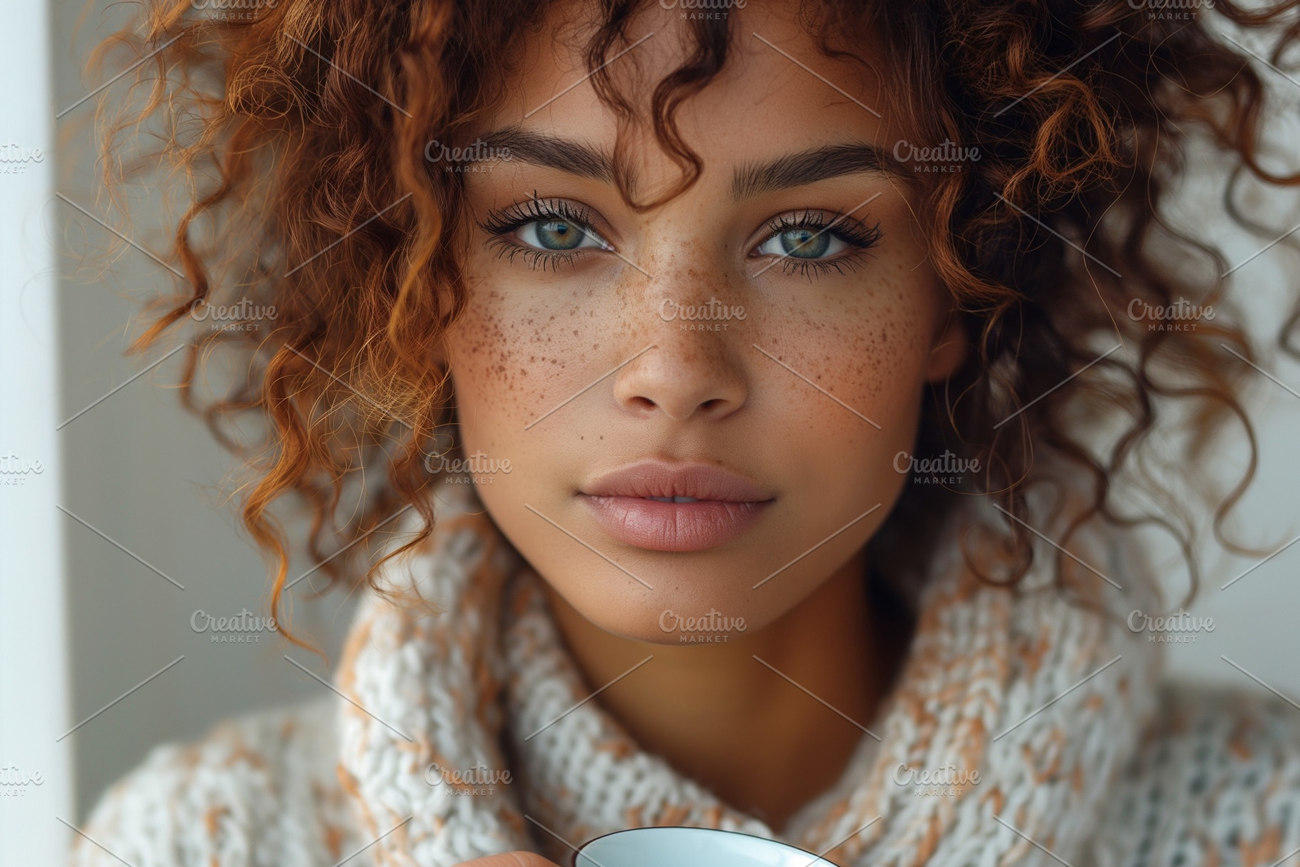 A close-up portrait of a young woman with curly hair and striking green eyes, w, a Person Photo by ImageMir