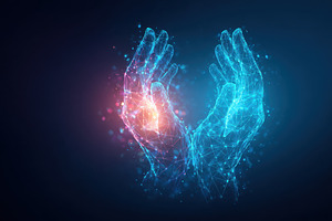Futuristic digital hands in protective gesture, a Background Photo by AlyaAnd