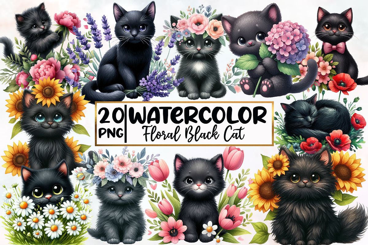 Watercolor Floral Black Cat Clipart, an Illustration by Designworld (Photo 1 of 5)