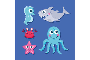 five sealife animals icons, an Animal Illustration by studiogstock