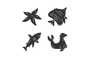 Sea Animals Glyph Icons Set