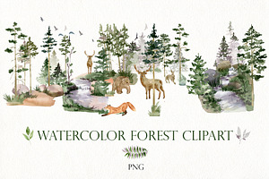 Watercolor Forest Clipart.