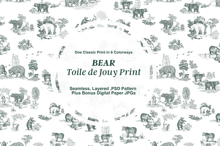 Bear Toile de Jouy Seamless Pattern, a Wallpaper Graphic by Hughes Studio