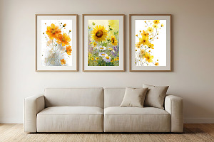 Yellow Watercolor Floral Wall Art, a Poster Template by Pixeness Studio