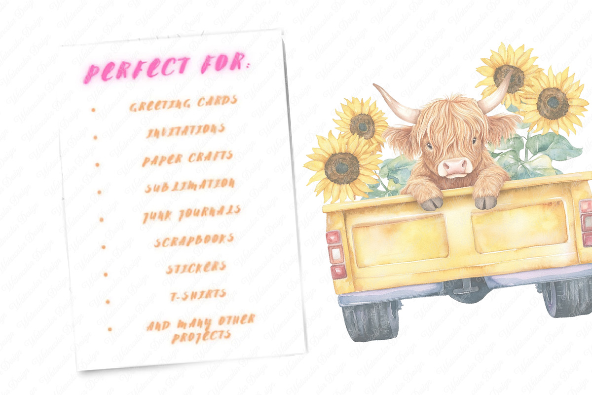 Sunflower Highland Cow Truck Clipart, an Illustration by Watercolor design (Photo 11 of 12)