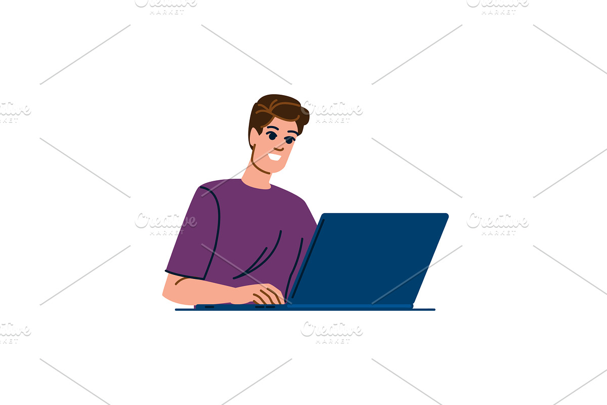 Smiling young man working on laptop, a Technology Illustration by pikepicture