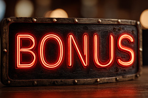 Red neon BONUS sign on a rustic wooden plaque glowing in a casino setting for r, a Photo by AS photostudio