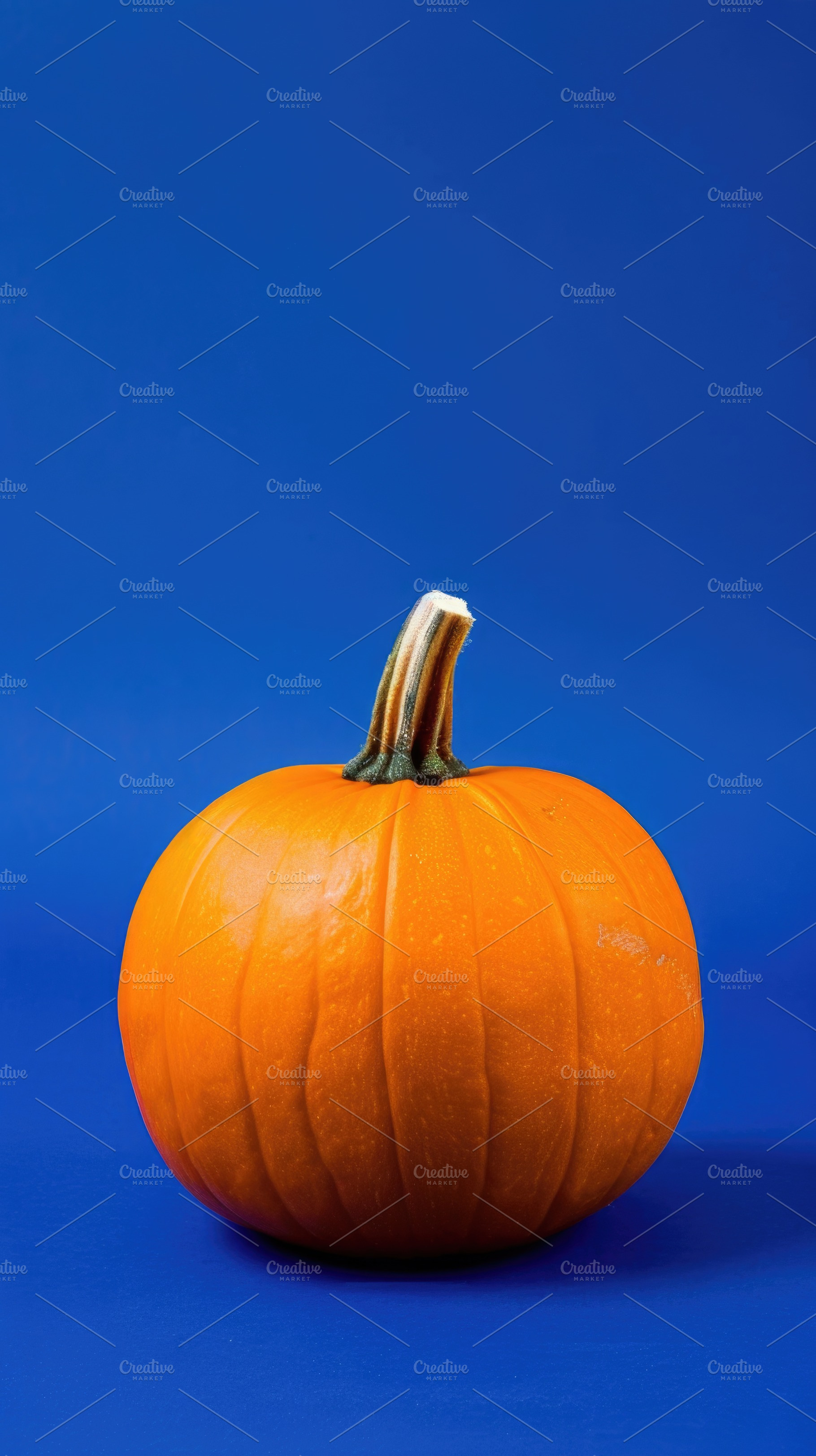 Single orange pumpkin on deep blue background with copy space, a Food & Drink Photo by José Manuel Gelpi