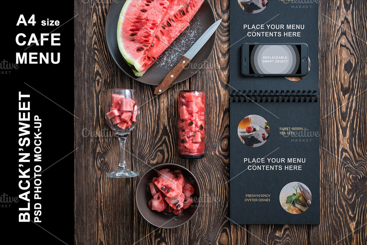Black Cafe Menu Mockup (vertical), an iPhone Mockup by mockupgeek (Photo 1 of 4)