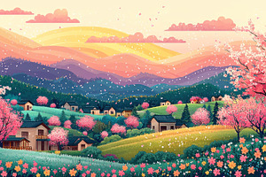 Pink cherry blossom trees in a tranquil valley with traditional, a Holiday Photo by José Manuel Gelpi
