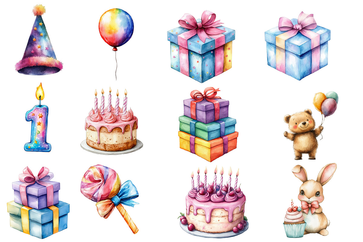 Birthday Watercolor Cliparts, an Illustration by Designworld (Photo 4 of 5)