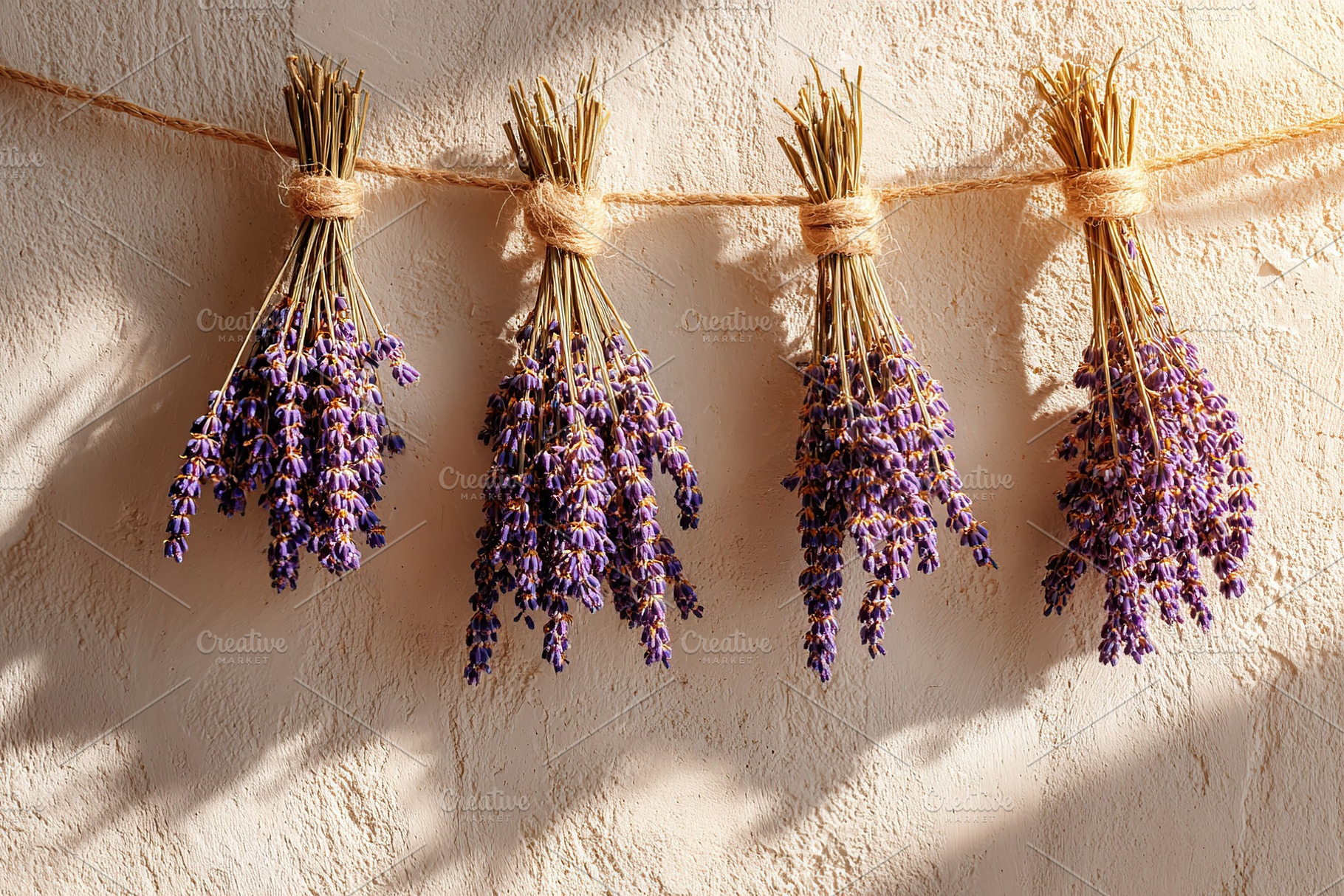 Dried lavender bunches hanging on a rustic twine against a textured wall, a Photo by AlyaAnd