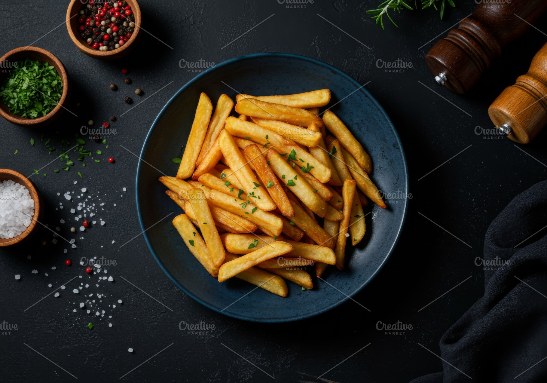Golden French fries served in a dark, a Food & Drink Photo by professorinc