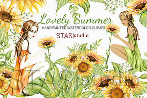 Watercolor Sunflower Girl Clipart