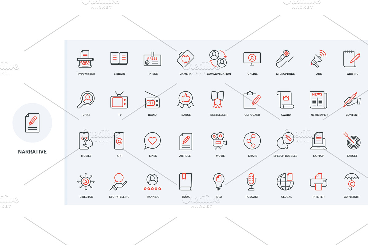 Storytelling narrative content icons, an Object Illustration by Lemberg Vector