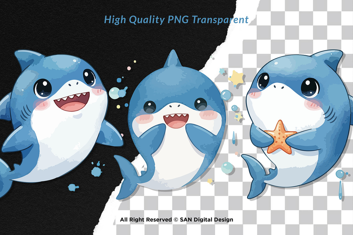 15 Bundle Watercolor Cute Shark Sea, an Animal Illustration by Morspective (Photo 2 of 8)