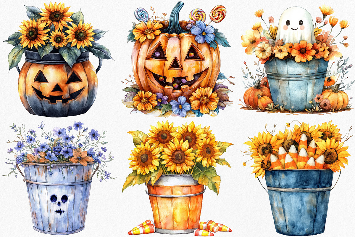 Watercolor Halloween Bucket Flowers, an Illustration by Canvas Craft (Photo 4 of 8)
