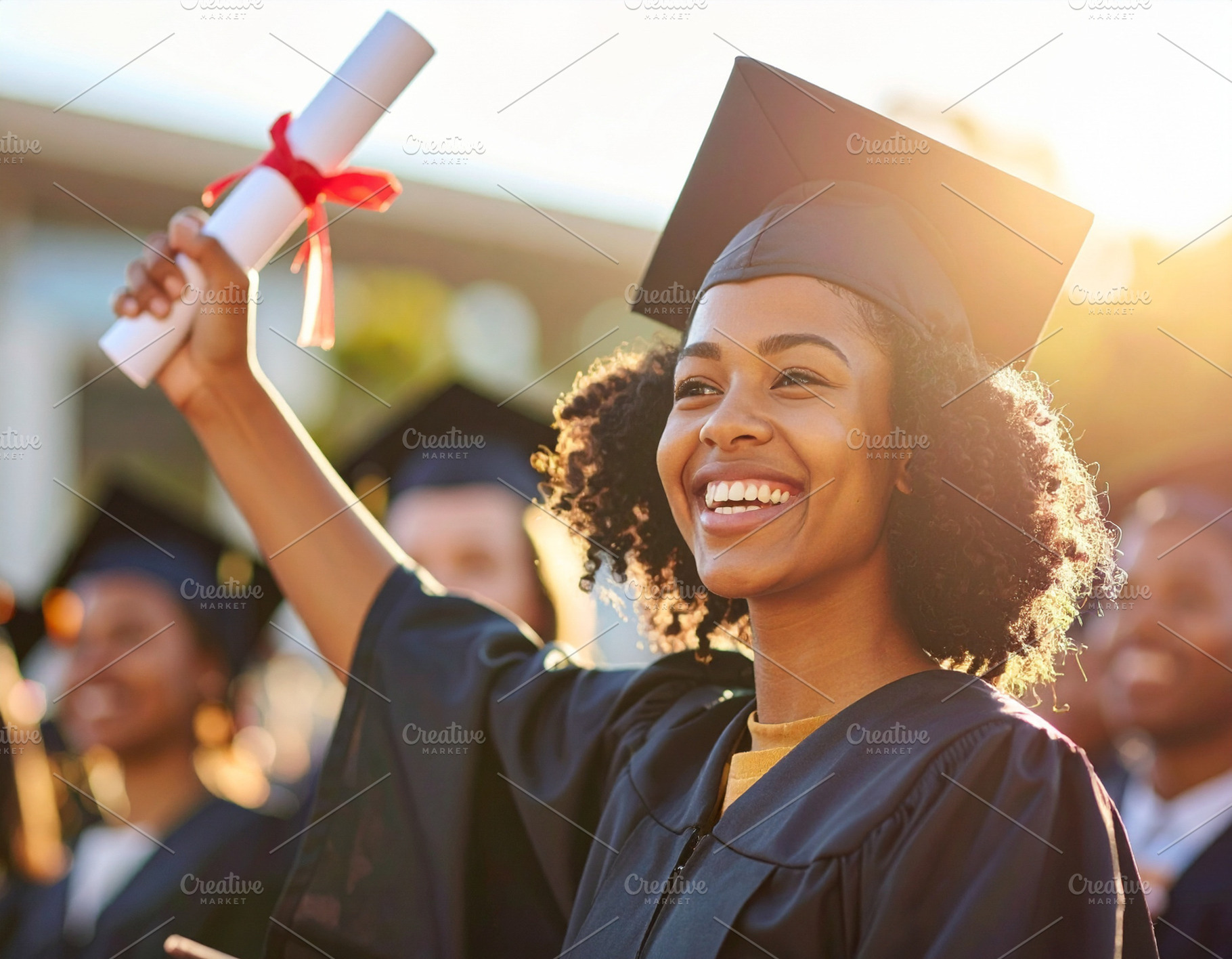 Student receiving a diploma and raising arms in success, a School & Education Photo by DanFLCreativo