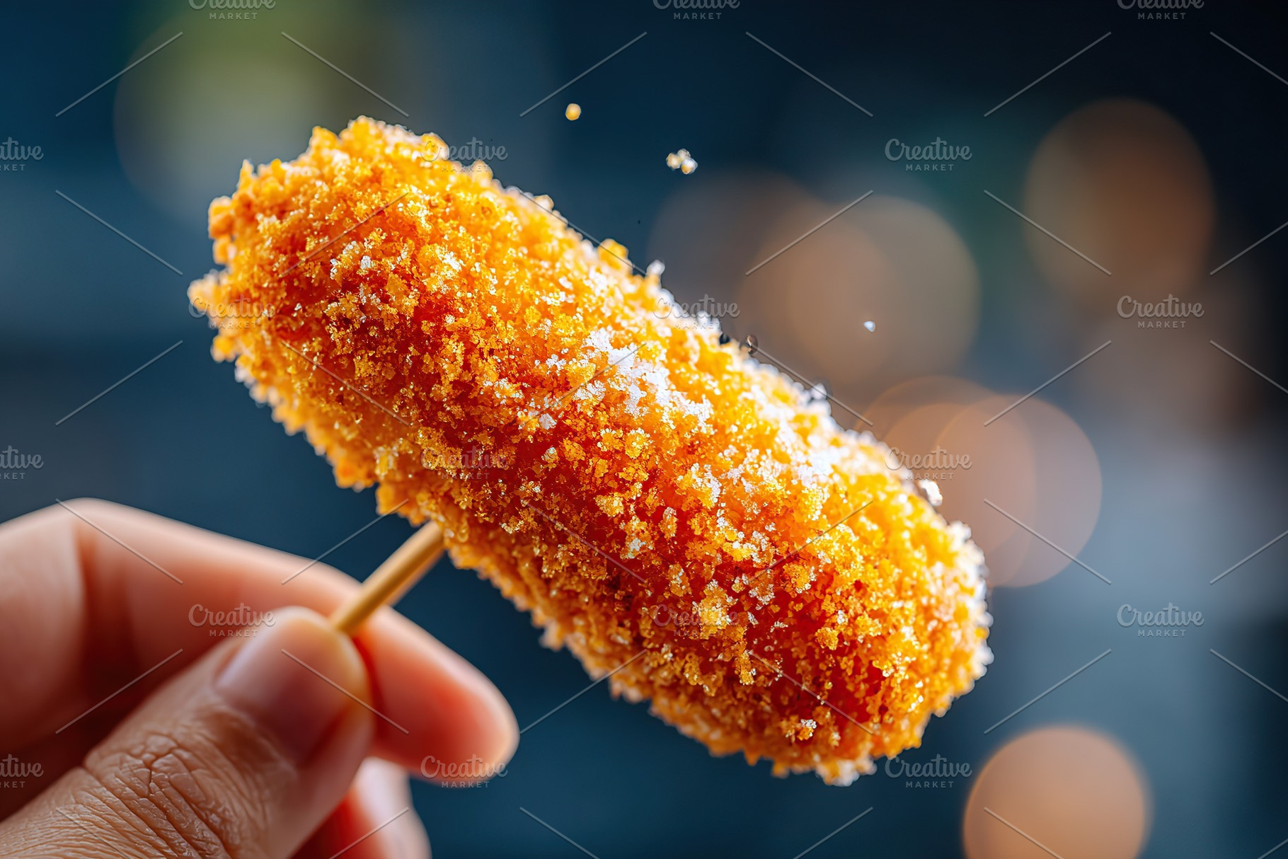 Delicious corn dog coated in golden panko crumbs held by a hand at an outdoor f, a Food & Drink Photo by AlyaAnd