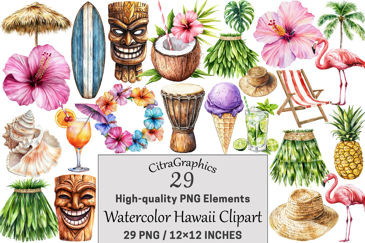 Watercolor Hawaii Clipart, a Seasonal Illustration by CitraGraphics (Photo 1 of 6)