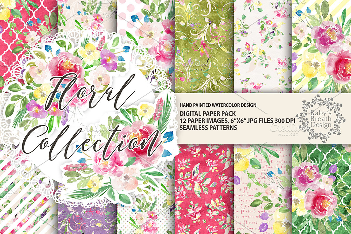 Floral collection digital paper pack, a Pattern Graphic by Babysbreath/Dandelionery