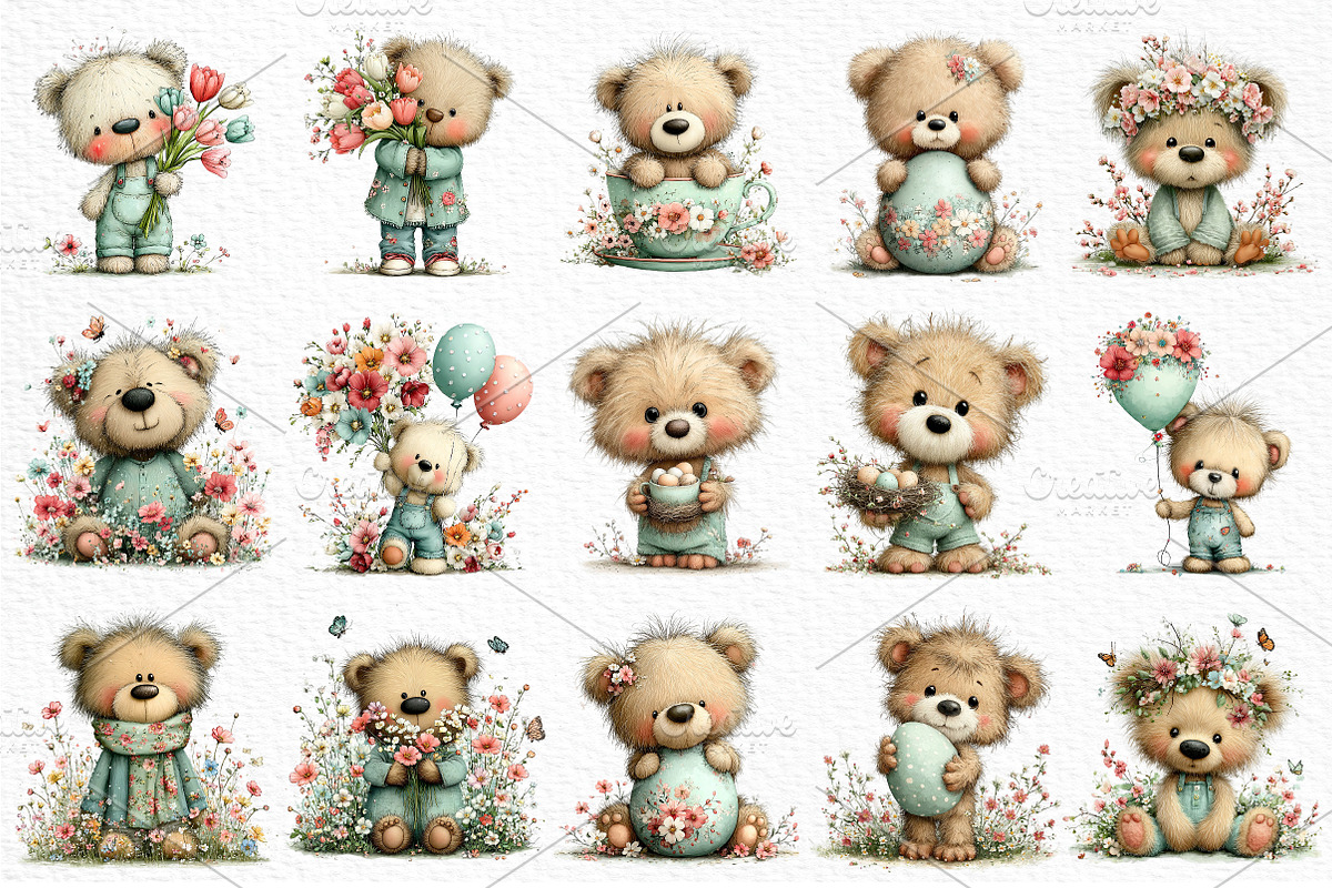 Whimsical Spring Teddy Bear Clipart, an Illustration by Craft Nest (Photo 6 of 11)
