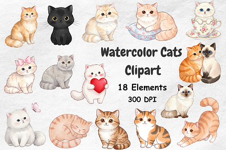 Watercolor Cats Clipart, an Animal Illustration by BerryPieArt