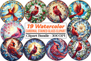 Round Cardinal Stained Glass Clipart, an Illustration by DreamCafeArt