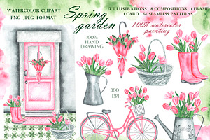 Pink tulips watercolor set. Flowers