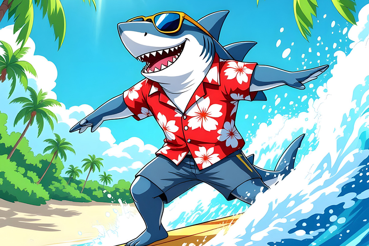 Shark Riding a Tropical Wave, an Animal Illustration by Sharon Schwalbe (Photo 1 of 2)